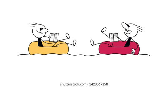 Doodle stick figure: Two men in inflatable circle with books. Hand drawn cartoon vector illustration.