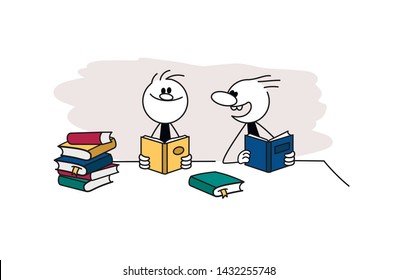Doodle stick figure: Two men reading books. Hand drawn cartoon vector illustration for business and school design.