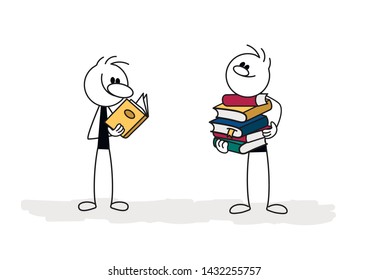 Doodle stick figure: Two men with books. Hand drawn cartoon vector illustration for business and school design.