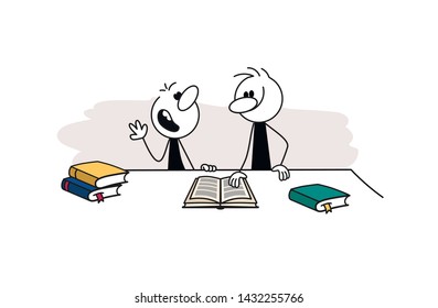 Doodle stick figure: Two men reading books. Hand drawn cartoon vector illustration for business and school design.