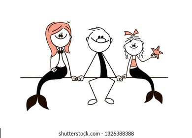 Doodle stick figure: Two mermaids and Man are sitting on the beach - Vector