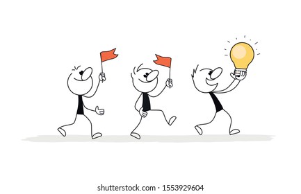 Doodle stick figure: Walking men with bulb and flags. Business metaphor. Hand drawn cartoon vector illustration for business design.