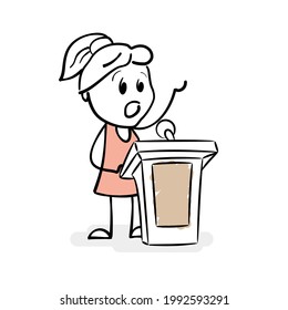 Doodle Stick Figure Of Young Girl Speaker On Podium. Cartoon Stick Figure Woman Stands Behind Stage With A Raised Hand. Orator Speaking From Tribune. Stick Girl Giving A Lecture. Vector Illustration.