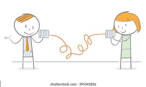 Doodle stick figures communicating to each other using tin can phone