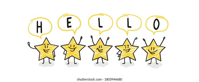 Doodle stick figures: Five funny stars greeting.