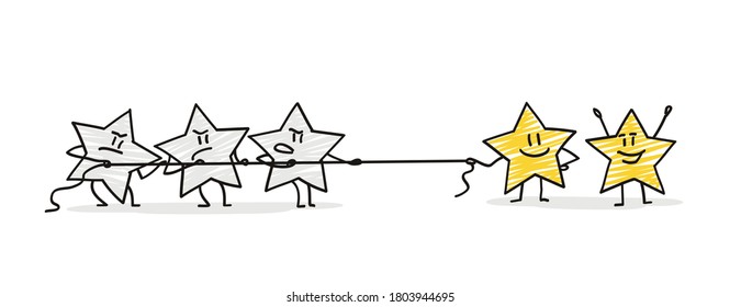 Doodle stick figures: five funny stars tug of war.