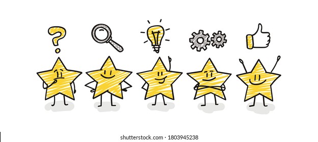 Doodle stick figures: five funny stars with question mark, loupe, bulb, cogwheel, thumbs up icons.