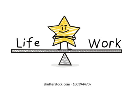 Doodle stick figures:  funny star on a swing with inscriptions Life and Work.
