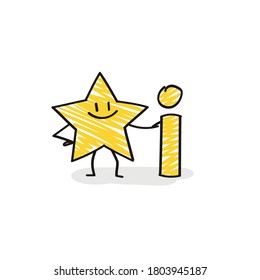 Doodle stick figures: Funny star with info icon.