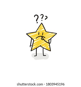 Doodle stick figures: funny star with question marks.