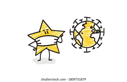 Doodle stick figures: Funny star in a protective mask looking at the globe. Epidemic concept. 