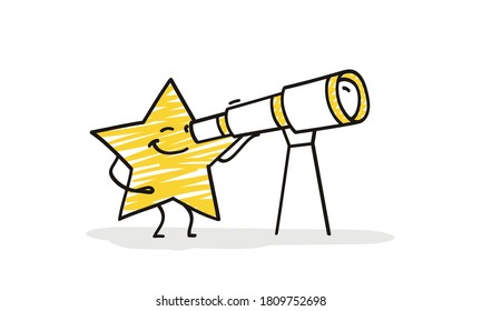 Doodle stick figures: Funny star looks through a spyglass.