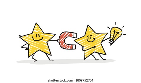 Doodle stick figures: Funny star holds a magnet with which it attracts an idea.