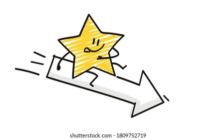 Doodle stick figures: Funny star fall sitting on the arrow.