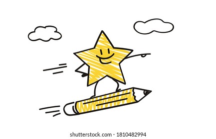 Doodle stick figures: Funny star flies on a rocket as a pencil. Start.