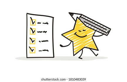 Doodle stick figures: Funny star has finished filling out a questionnaire and leaves with a pencil.