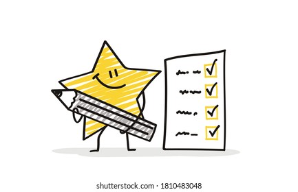 Doodle stick figures: Funny star finished filling out a questionnaire.