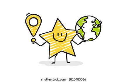 Doodle stick figures: Funny star with globe and location icons.