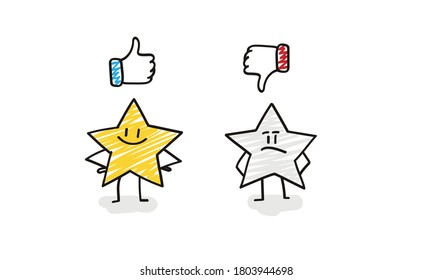 Doodle stick figures: funny stars with thumbs up and thumbs down icons.