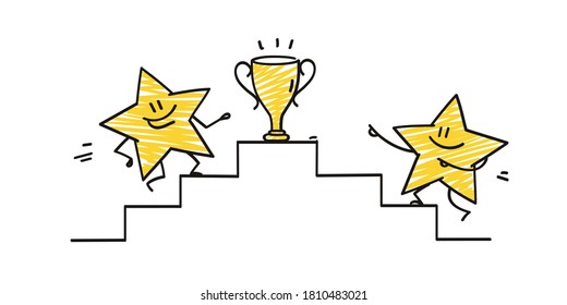 Doodle stick figures: Funny stars run up the stairs to the gold cup.