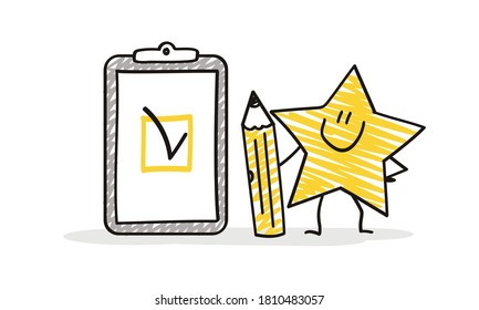 Doodle stick figures: Funny stars with a pencil. Successful completion of business tasks.