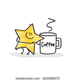 Doodle stick figures: Funny stars with cup go coffee.