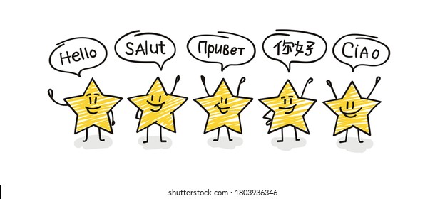 Doodle stick figures: greetings in different languages.