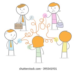 Doodle stick figures in a networking circle connected by tangled thread