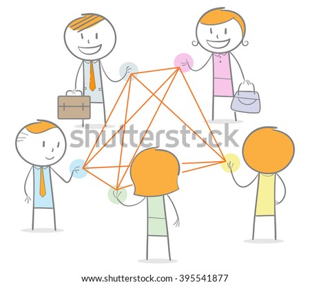 Doodle stick figures in a networking circle connected by straight thread