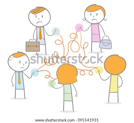 Doodle stick figures in a networking circle connected by tangled thread