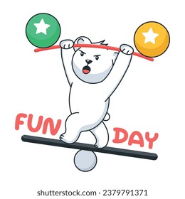 Doodle sticker of a balancing bear on balls plank 