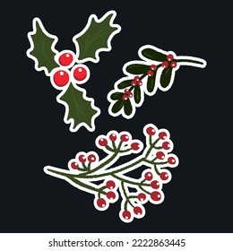 Doodle sticker Christmas wreaths and holly. Vector illustration