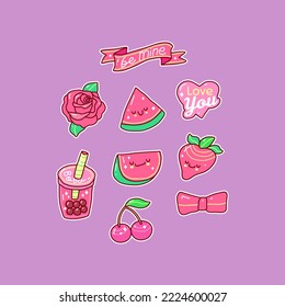 doodle sticker collection set of pink element on isolated background. valentine doodle