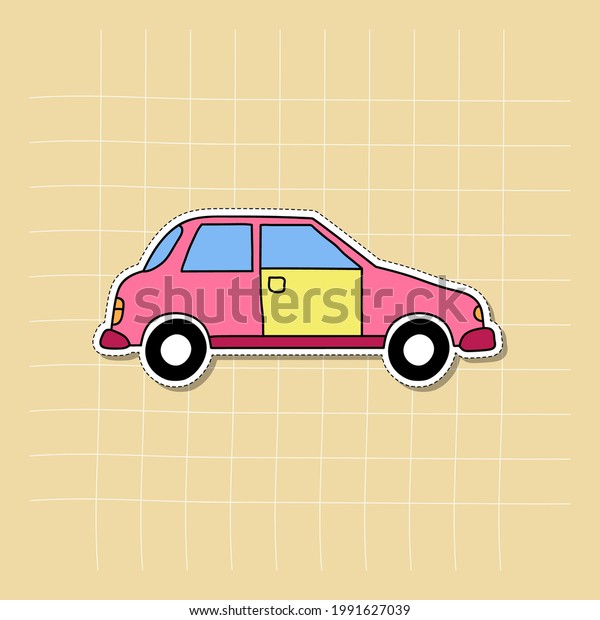 \
Doodle\
sticker icon of small car vector\
illustration