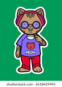 Doodle Sticker Illustration of a Cat Drinking