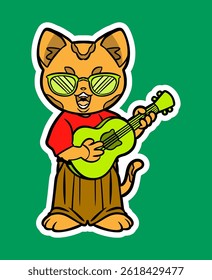Doodle Sticker Illustration of a Cat Playing Guitar