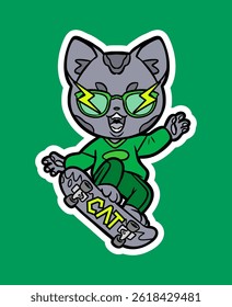 Doodle Sticker Illustration of a Cat Playing Skateboard