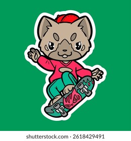 Doodle Sticker Illustration of a Cat Playing Skateboard