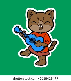Doodle Sticker Illustration of a Cat Playing Guitar