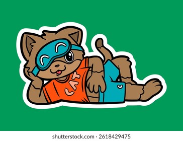 Doodle Sticker Illustration of a Cat Relaxing With a Sleep Mask and Smiling
