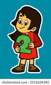 Doodle Sticker Illustration of a Kid Holding Number
