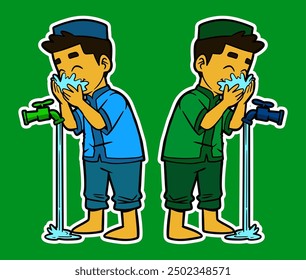 Doodle Sticker Illustration of Muslim Boy doing Ablution