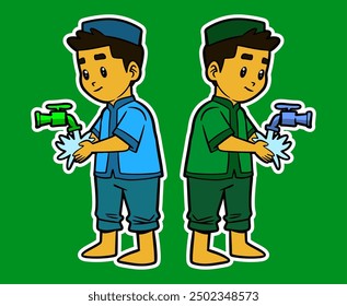 Doodle Sticker Illustration of Muslim Boy doing Ablution