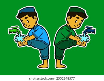 Doodle Sticker Illustration of Muslim Boy doing Ablution