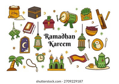 Conjunto de Vector de ilustración de Doodle Sticker de Ramadán Islamic Festiva, creado en un estilo juguetón y esquemático, aislado sobre fondo blanco