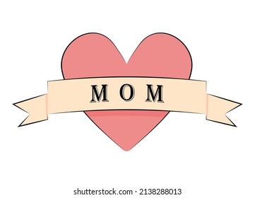 Doodle sticker for mother's day. Congratulatory pink heart sticker with the inscription mom. Vector illustration.