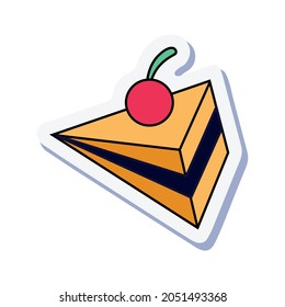 Doodle Sticker With Piece Of Cheery Cheesecake On White Background Vector Illustration