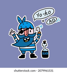 Pirat mit Doodle-Aufkleber mit Augenpflaster und einer Flasche Rum, Yoharo-Schrift. Vektorkunst für Aufkleberpackung oder Emoji.