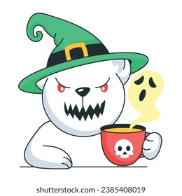 Etiqueta de doodle que muestra al oso tomando té espeluznante 