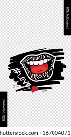 Doodle sticker with with zebra pattern lipstick smiling wide on social media story template. Woman's mouth with animal print, isolated flat vector illustration